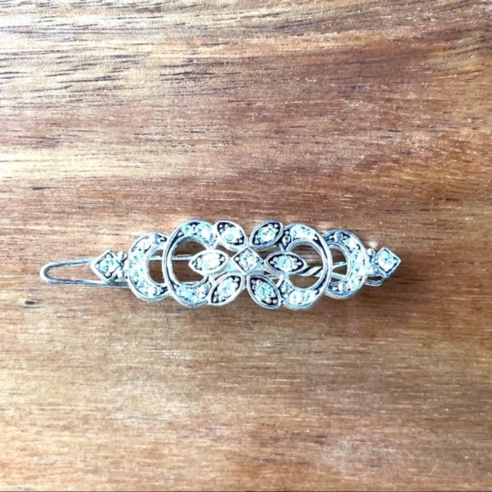 Vintage Silver Toned Rhinestone Crystal Black Etched Hair Clip